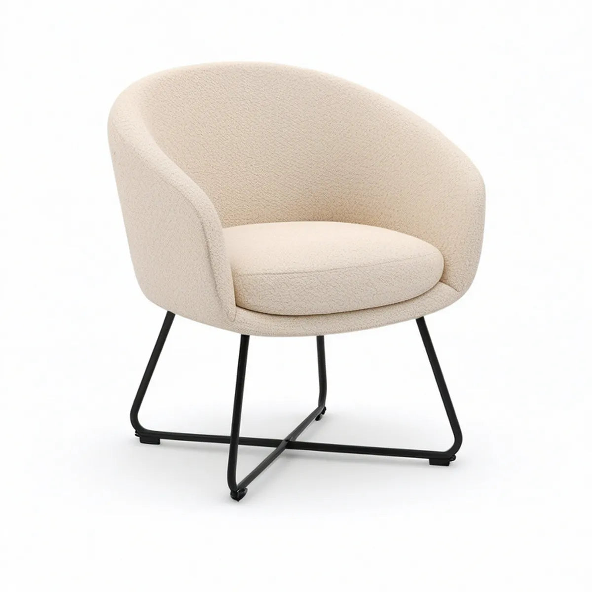 Cream Boucle Barrel Armchair with Black Steel Sled Base, 29.5 x 28 x 30 in
