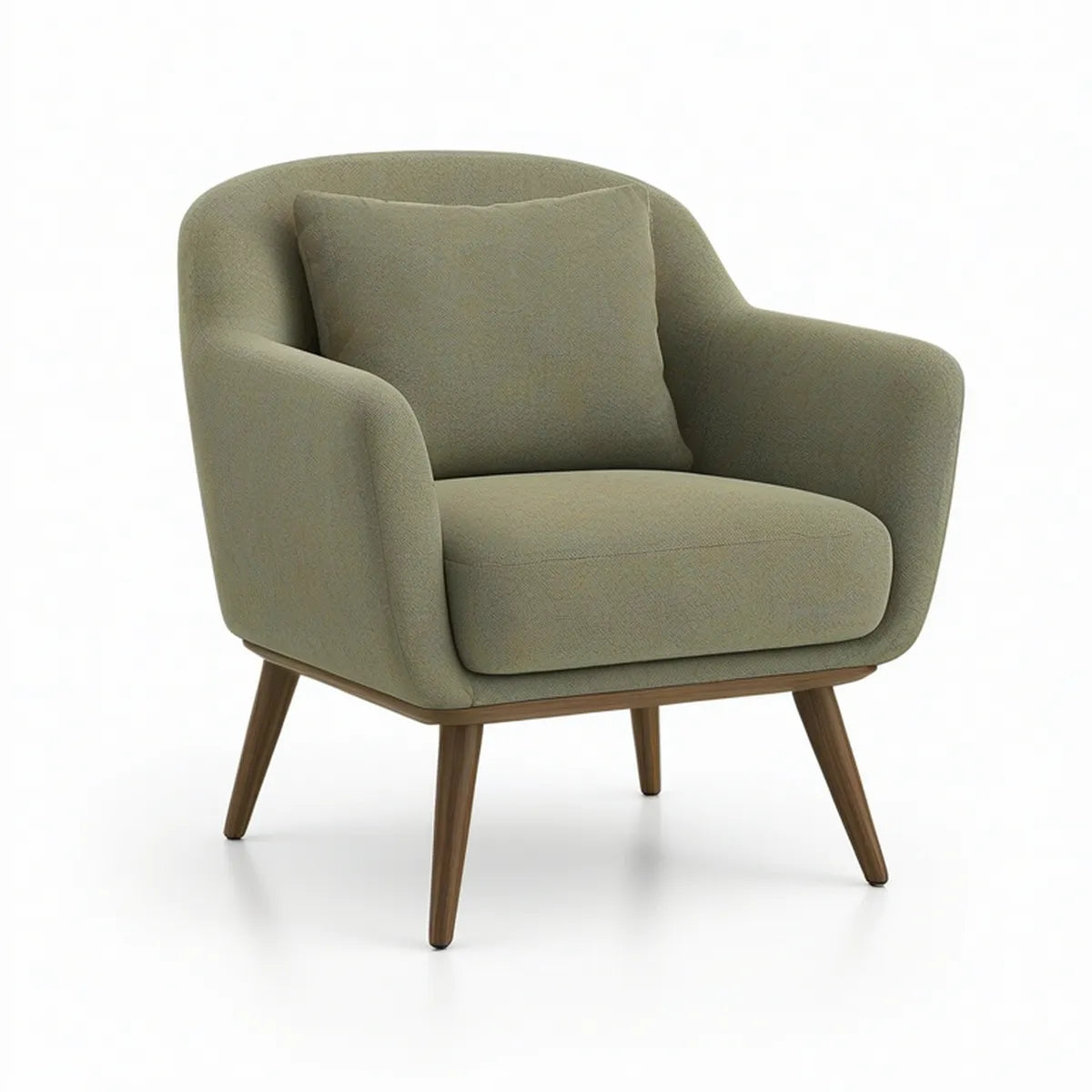 Olive Green Upholstered Barrel Armchair with Brown Rubberwood Legs, 29.5 x 30.7 x 33.1 in