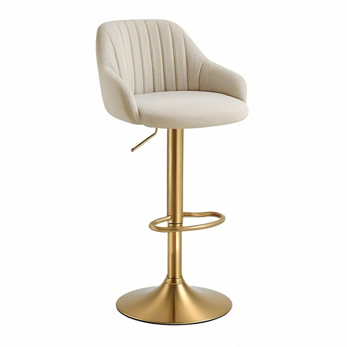Adjustable Swivel Bar Stool with Arms, Cream Polyester Upholstery and Gold Steel Base, 21.7 x 21.7 x 36.6-44.5 in