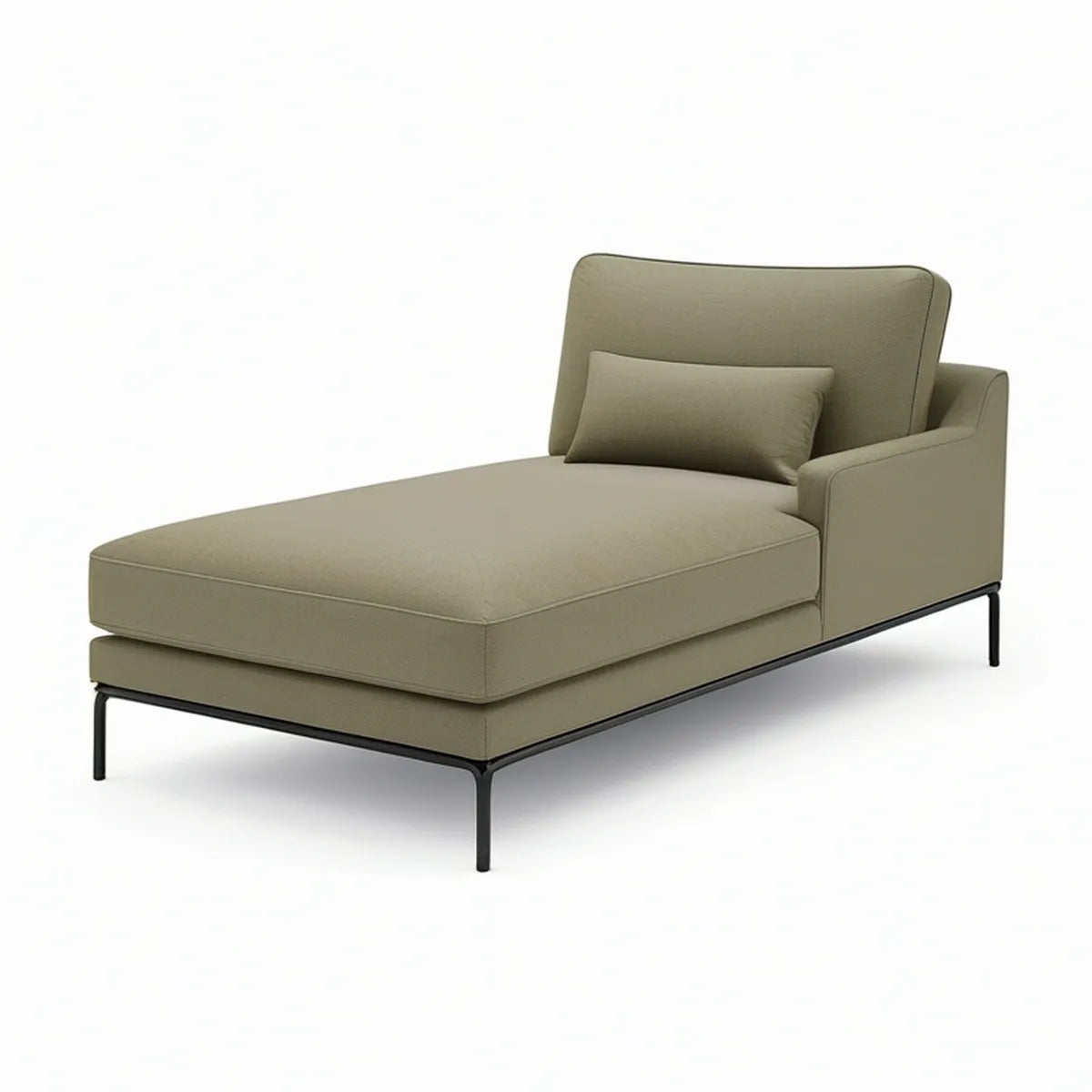 65 in Olive Green Upholstered Chaise Lounge with Right Arm, Lumbar Pillow and Black Steel Legs