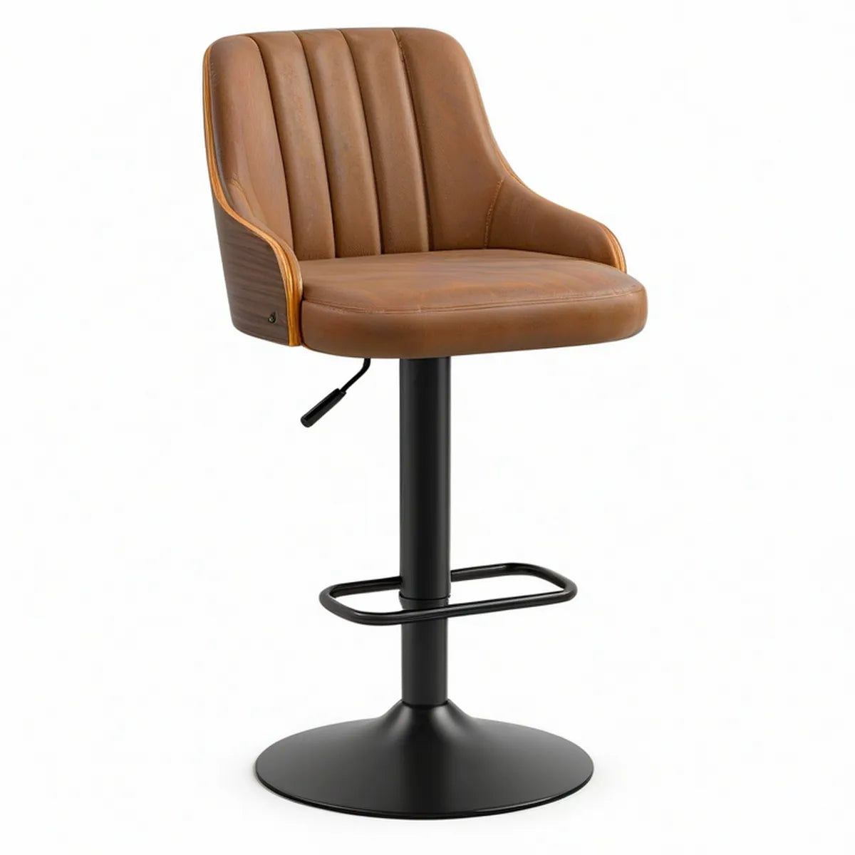 Brown Adjustable Swivel Bar Stool with Curved PU Leather Backrest, 20.5 x 20 x 37-45 in