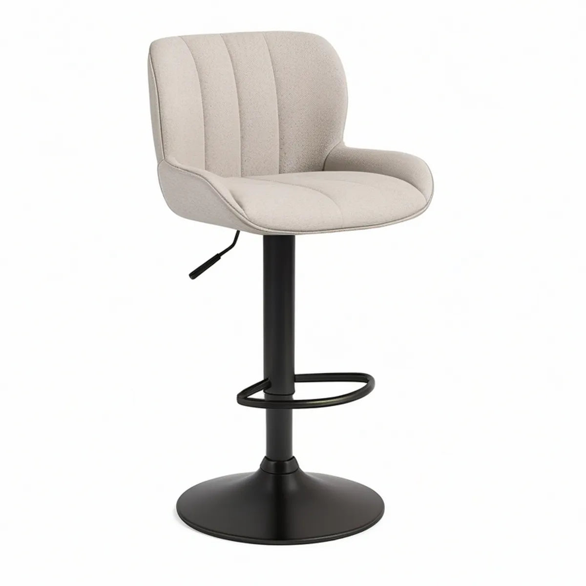 Adjustable Swivel Bar Stool with Arms, Beige Polyester Upholstery and Black Steel Base, 20.5 x 21.5 x 36-44 in