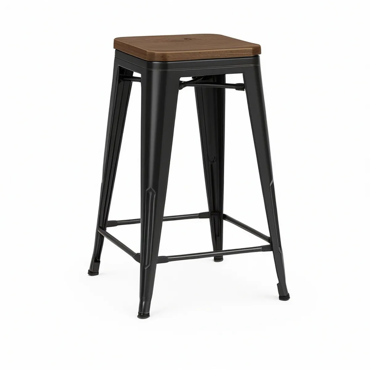 30 in Backless Square Seat with Walnut Brown Wood Top and Black Steel Frame, 15.75 x 15.75 in