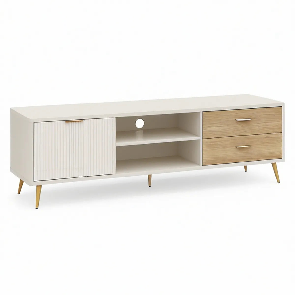 Mid-Century Modern TV Stand, 63 x 16 x 24 in, White/Natural Oak/Gold