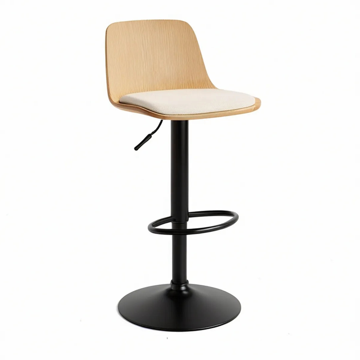 Adjustable Height Bar Stool, Natural Oak Veneer Plywood, Beige Polyester Cushion, Black Steel Base, 17.7 x 18.1 x 37.4-45.3 in