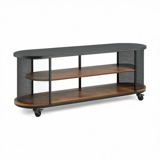 60 in Oval TV Stand with 3 Open Shelves and Swivel Casters, Black/Walnut Brown