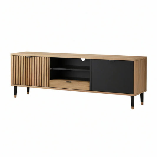 70.9 in. Oak and Black Media Console with Sliding Doors and Cable Management