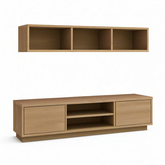 Oak Engineered Wood TV Stand and Wall-Mounted Storage Shelf Set, 70.9 x 15.7 x 17.7 in