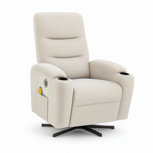 Cream Polyester Power Swivel Recliner with USB Port and Cup Holders, 34.6 x 37.8 x 40.6 in