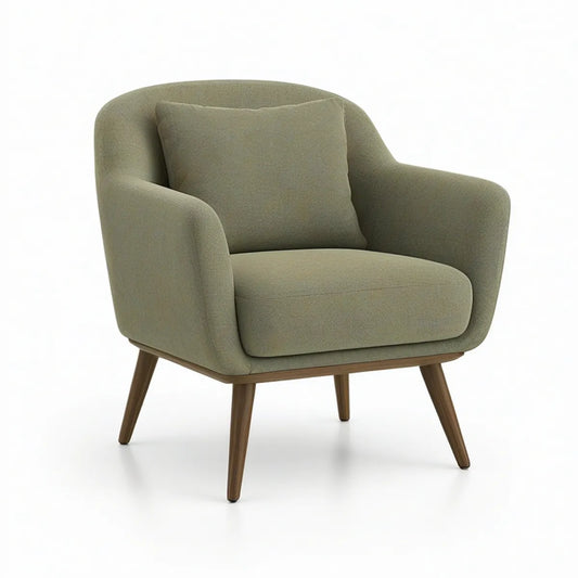 Olive Green Upholstered Barrel Armchair with Brown Rubberwood Legs, 29.5 x 30.7 x 33.1 in