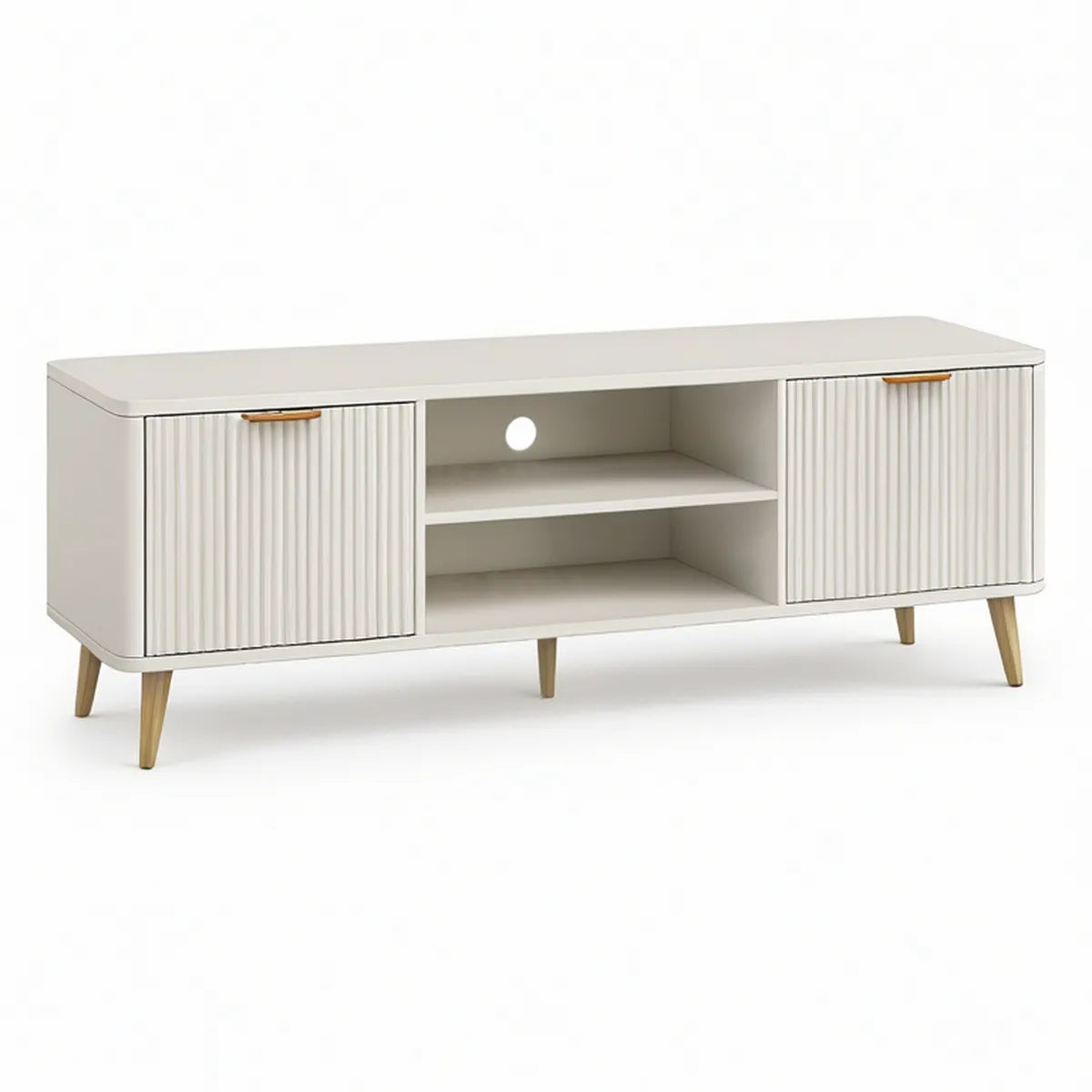 63 in White MDF TV Stand with Fluted Doors, Open Shelves, Natural Wood Legs and Gold Handles
