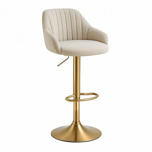 Adjustable Swivel Bar Stool with Arms, Cream Polyester Upholstery and Gold Steel Base, 21.7 x 21.7 x 36.6-44.5 in