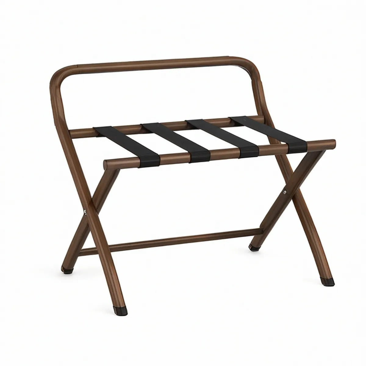 Brown Folding Luggage Rack with Backrest, Steel Frame and Black Polyester Straps, 26 x 18 x 20 in