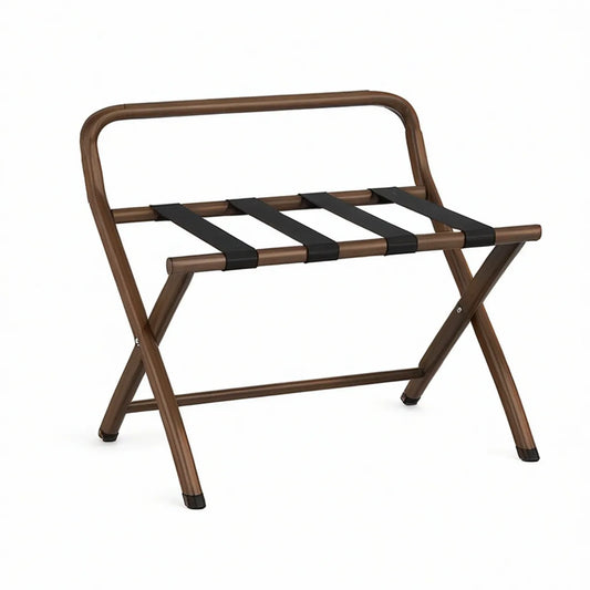 Brown Folding Luggage Rack with Backrest, Steel Frame and Black Polyester Straps, 26 x 18 x 20 in
