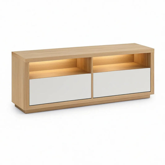 63 x 16 x 24 in Oak and White Media Console with LED-Lit Open Shelves and 2 Closed Compartments