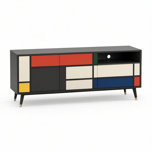 Mid-Century Modern TV Stand with 2 Drawers, 63 x 15.7 x 31.5 in, Black/Red/Blue/Cream/Yellow/Green