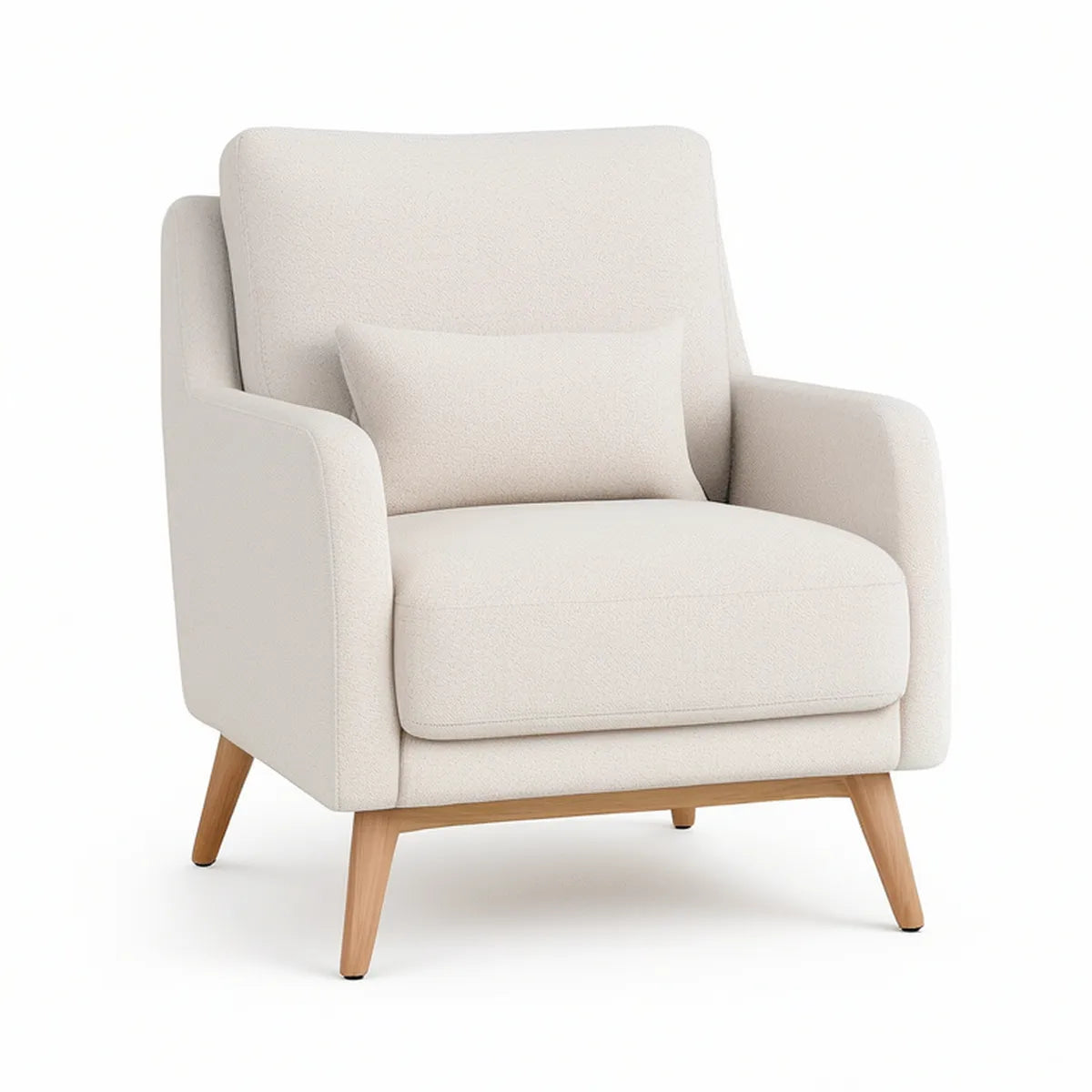 Cream Bouclé High-Back Upholstered Armchair with Natural Rubberwood Legs, 31.5 x 34 x 36 in