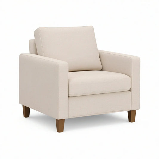 Ivory Upholstered Armchair with Brown Rubberwood Legs, 34 x 35 x 35 in