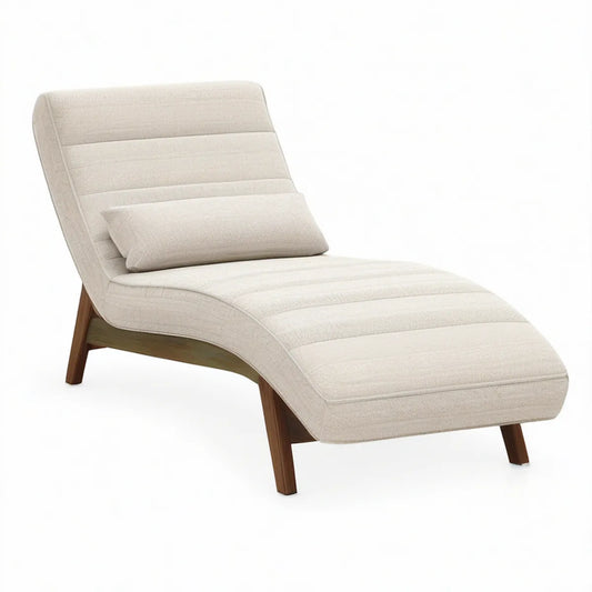 Cream Curved Chaise Lounge Chair with Walnut Brown Rubberwood Legs, 62 x 30 x 36 in