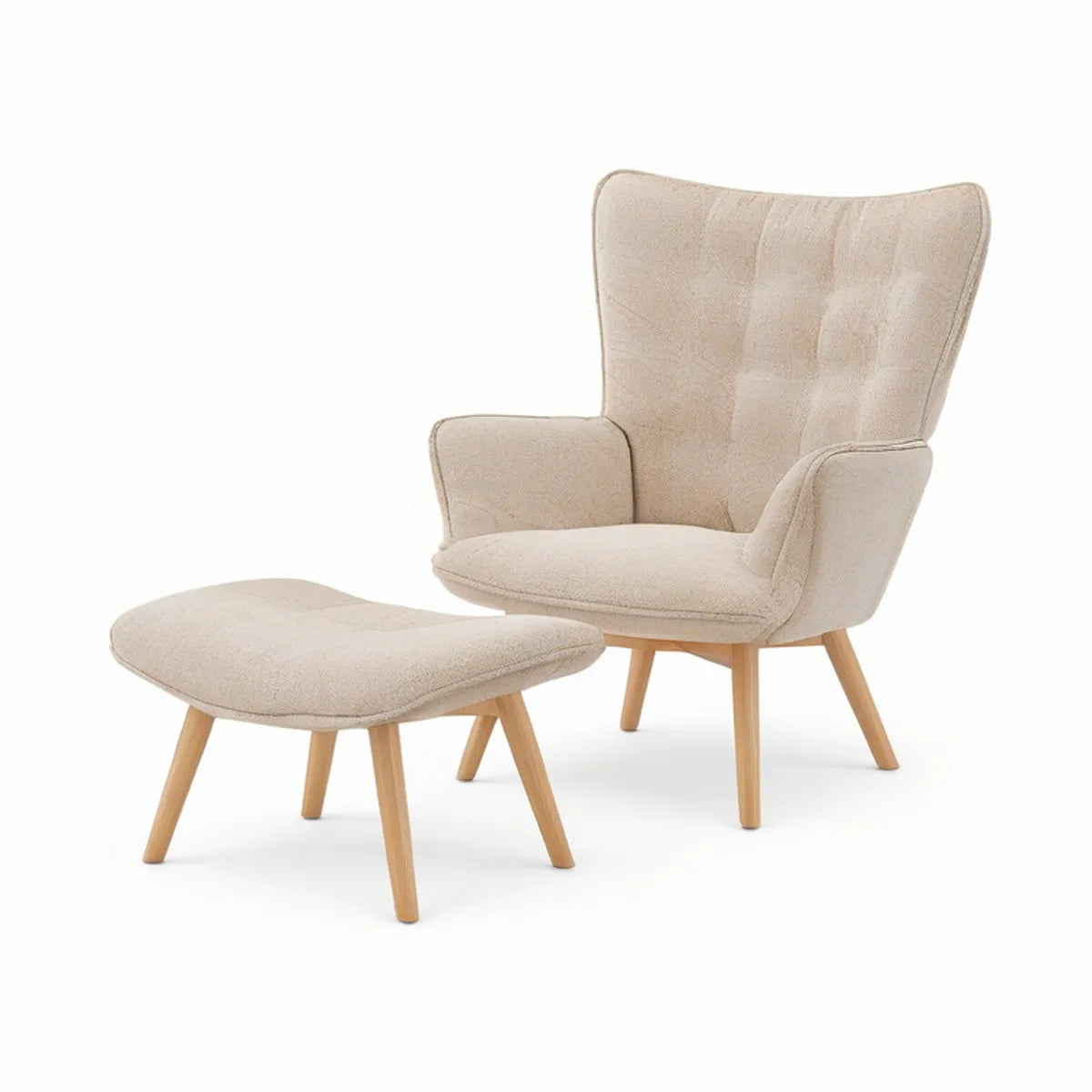 Cream Boucle Wingback Armchair with Ottoman, Natural Light Brown Rubberwood Legs, 33 x 35 x 41 in