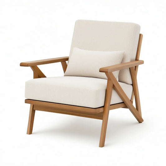 Cream Upholstered Armchair with Natural Brown Rubberwood Frame, 30 x 32 x 34 in