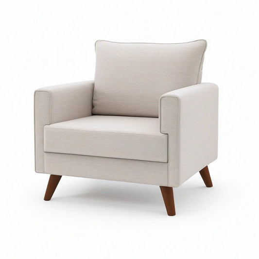 Beige Polyester Upholstered Armchair with Dark Brown Rubberwood Legs, 32 x 34 x 34 in