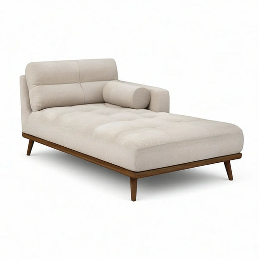 Beige Right-Arm Chaise Lounge, 70 x 39 x 32 in, Polyester Upholstery with Walnut Brown Rubberwood Base