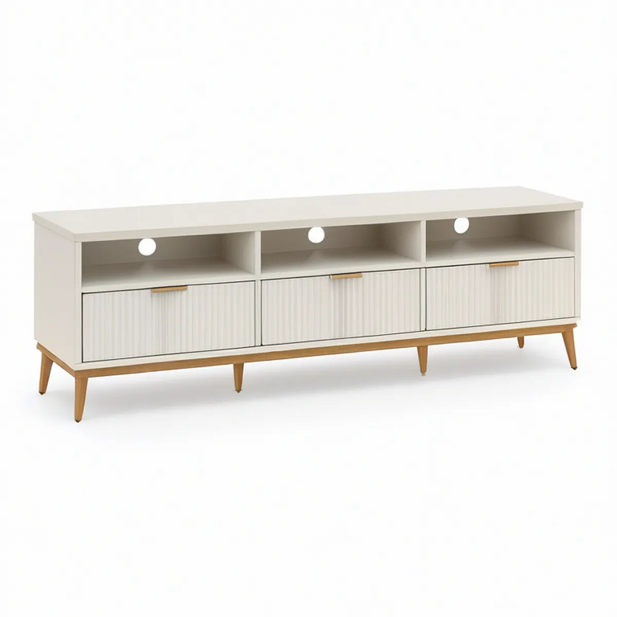 63 x 16 x 24 in White Engineered Wood TV Stand with 3 Fluted Doors and Cable Management