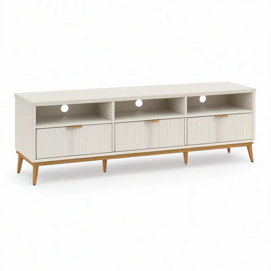 63 x 16 x 24 in White Engineered Wood TV Stand with 3 Fluted Doors and Cable Management