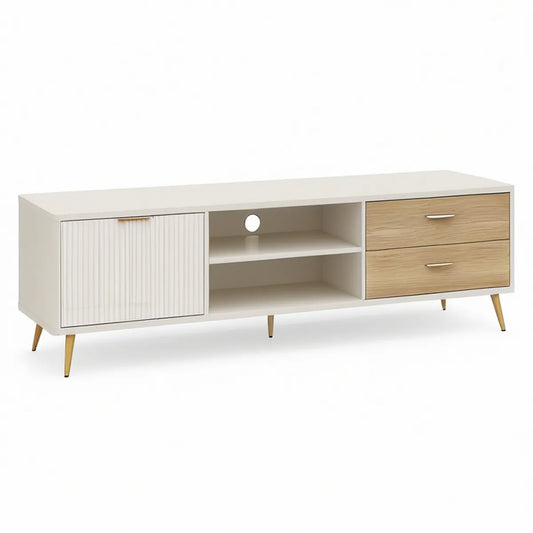 Mid-Century Modern TV Stand, 63 x 16 x 24 in, White/Natural Oak/Gold